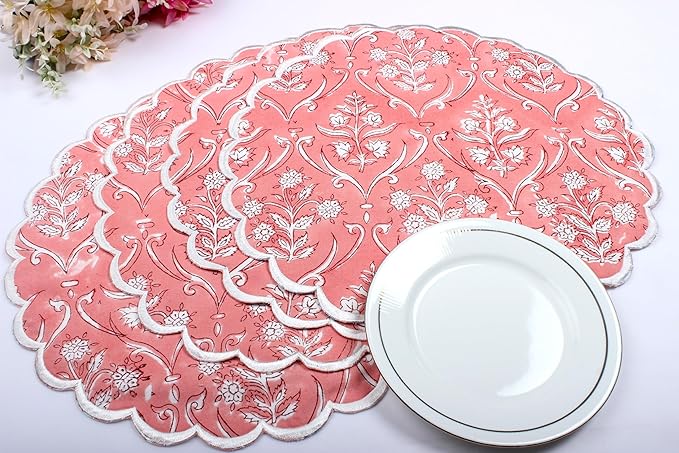 Ridhi Round Block Print Placemats Set of 4 Washable Round Placemats for Kitchen Dining Table 15 inch Round Indoor Cotton Fabric Table Mats