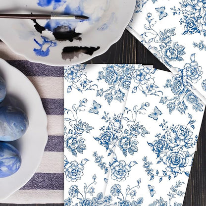 100pcs Blue Floral Napkins Disposable Hand Towels for Bathroom 3 Ply Blue and White Guest Decorative Paper Napkins for Bridal Tea Wedding Birthday Party Supplies Table Decorations