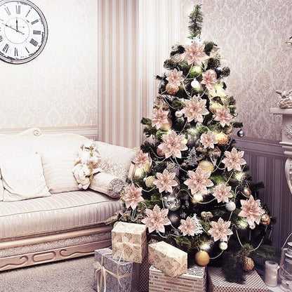 Geosar 24 Christmas Glitter Artificial Poinsettia Flowers Xmas Poinsettia Artificial Wedding Flowers Decorations Xmas Tree Ornaments with Clips for Party Favors, 6 Inch, 4 Inch, 3 Inch (Rose Gold)