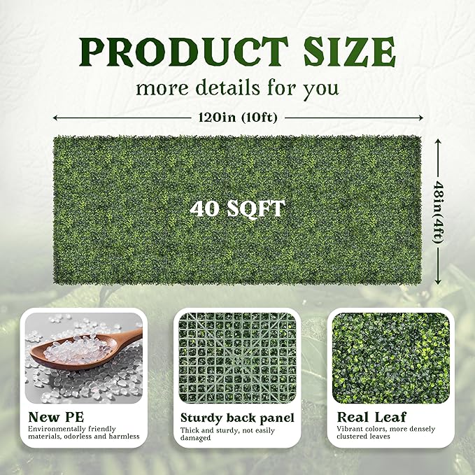 Artificial Boxwood Roll Panel Backdrop: 48"X120" UV-Anti Greenery Faux Grass Wall Hedge for Indoor Outdoor Green Decor & Backyard Background Decorations Fence Covering Privacy