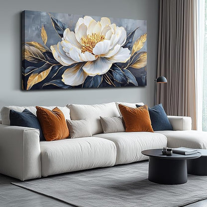 AOZEMI Floral Wall Decorations White Pictures Flowers Wall Art Modern Canvas Plant Gold Wall Decor for Living Room Bedroom Big Artwork 29"x 59"