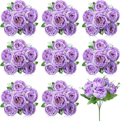 8 Pack Purple Peonies Artificial Flowers, Fake Silk Hydrangea Bouquet for Bridal Wedding Home Table Decor Reusable Dining Opening Ceremony Birthday Arrangement Faux Floral