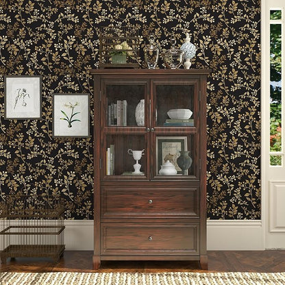 Extra Long Dark Floral Peel and Stick Wallpaper 17.5In x 32.8Ft, Vintage Self-Adhesive Contact Paper for Bedroom Stair Shelves Drawer – Boho Removable Vinyl Leaf Wall Paper in Black and Gold
