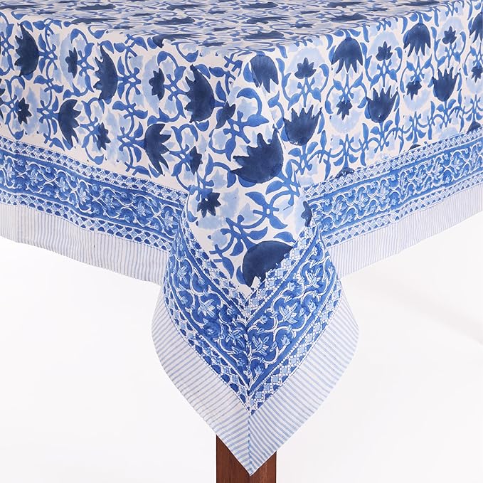 ATOSII Positano Blue 100% Cotton Square Fall Tablecloth, Handblock Floral Print Linen Table Cloth for Kitchen I Dining Table I Tabletop I Parties I Wedding I Fall Decor (60 X 60 Inches)