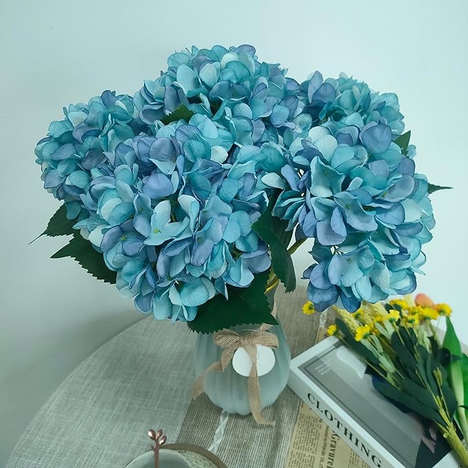 Blue Hydrangea Artificial Flowers,6 Pcs Faux Hydrangea Flowers,Artificial Hydrangeas Flowers with Stems,Fake Hydrangeas,Silk Hydrangeas Flowers with Stems for Home Decor (6, Blue)