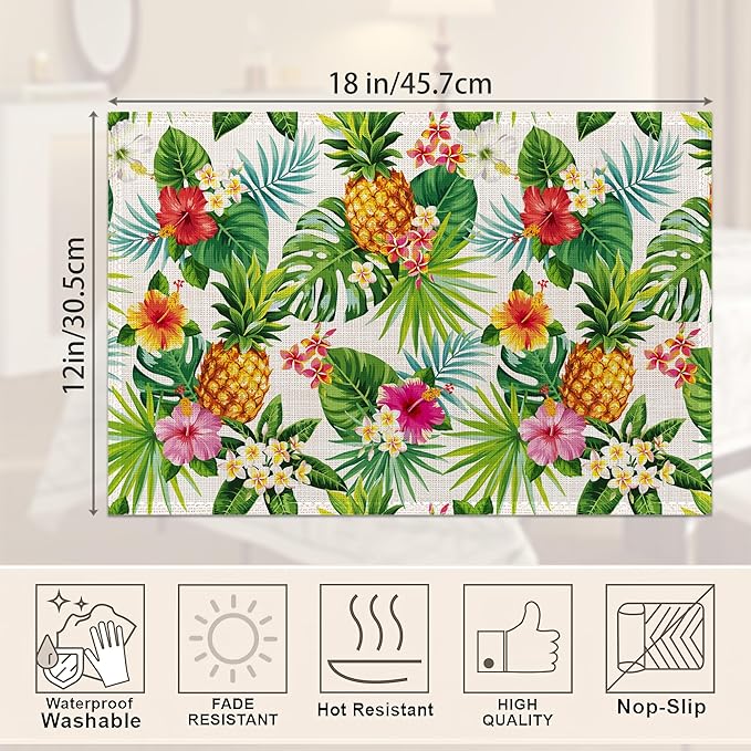 Pineapple Placemats Set of 6,Summer Hawaiian Tropical Fruit Palm Leave Flower Table Mats Non-Slip Heat Resistant Washable Placemat for Party Kitchen Dining Table Decoration Indoor Outdoor