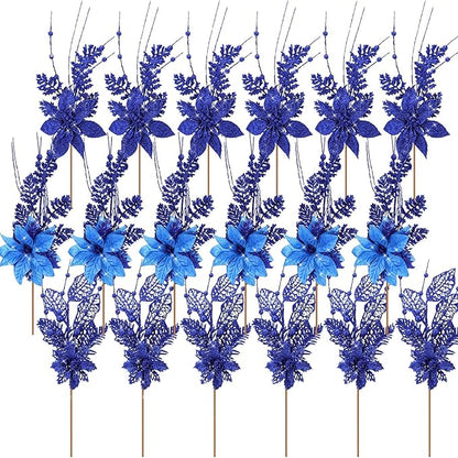 18 Pack 3 Styles 17 Inch Christmas Glitter Poinsettia Berry Stems Ornaments Artificial Floral Branches Picks for Christmas Tree Home Vase Holiday Party Decor(Royal Blue)