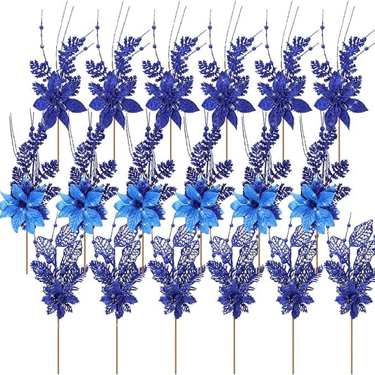 18 Pack 3 Styles 17 Inch Christmas Glitter Poinsettia Berry Stems Ornaments Artificial Floral Branches Picks for Christmas Tree Home Vase Holiday Party Decor(Royal Blue)