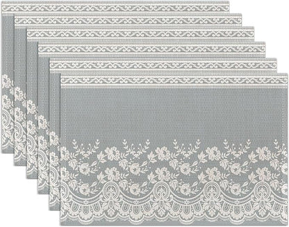 Lace Flower Placemats Set of 6,Washable Heat Resistant 12×18 Inch Linen Table Mats White Gray Place Mats for Party Outdoor Dining Décor