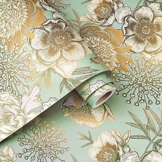 Decotalk Green Floral Wallpaper Floral Peel and Stick Vintage Flowers Wall Paper for Bedroom Bathroom 17.5"x120" Green/Gold Wall Paper Florals Flower Bird Wallpaper Removable Flower Cover Vinyl