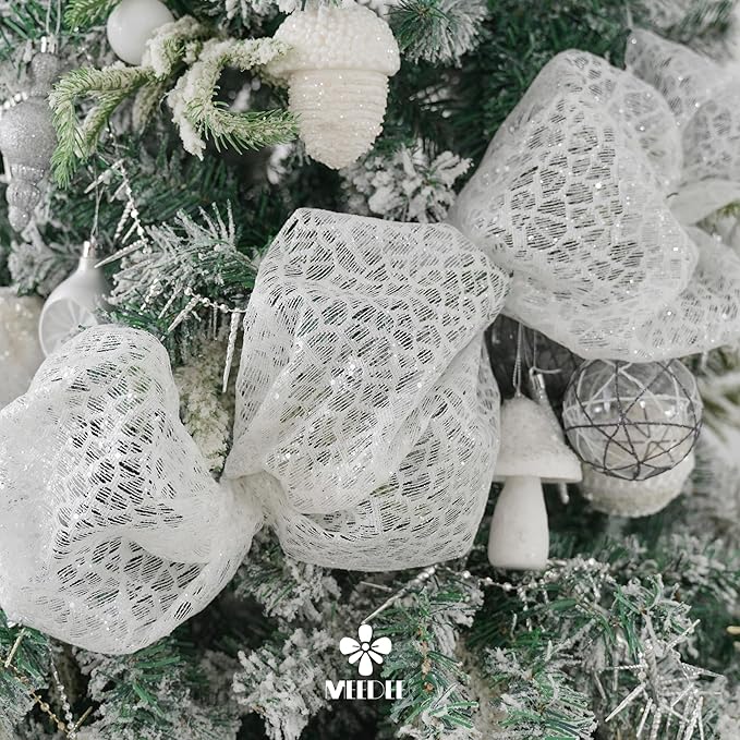 MEEDEE White Glitter Mesh Web Ribbon 10 Inch Wide by 10 Yards Roll White Fabric Ribbon Decorative Mesh Ribbon for Christmas Tree, Garland, Wreaths, Bows, Holiday Crafts, Home Decor