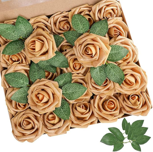 AmyHomie Artificial Flower Gold Rose 25pcs Real Looking Fake Roses w/Stem for DIY Wedding Bouquets Centerpieces Arrangements Party Baby Shower Valentines Day Christmas Tree Decorations