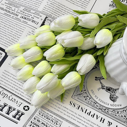 UKELER 24 Pcs Tulip Artificial Flowers White&Green Real Touch PU Tulip Flowers for Floral Arrangement Centerpiece Wedding Bouquet Table Decoration Birthday Mother Gift