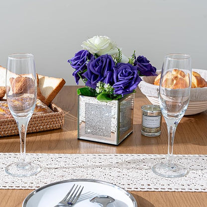 Set of 6 Bling Mirrored Square Glass Vases, 4 x 4 x 4 inches, Silver Flower Vases for Centerpieces Cube Vase Candle Holder for Wedding, Party, Home Office Decoration