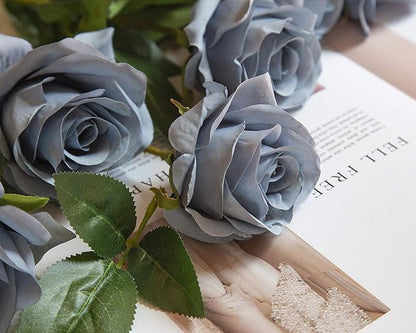 DuHouse 10pcs Fake Roses Artificial Silk Flowers Faux Dusty Blue Rose Flower Long Stems Bouquet for Arrangement Wedding Centerpiece Party Home Kitchen Decor (Dusty Blue)