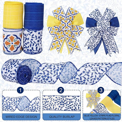 Boho Wired Edge Ribbon Blue Yellow Stripe Plaid Floral Leaves Fabric Craft Ribbon for Wedding Birthday Bridal Shower Wreath Bow Making, 4 Rolls, 24 Yards