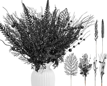 30 Pcs Artificial Christmas Tree Picks and Sprays Glitter Berry Stem Branches Holly Floral Picks Twigs Christmas Tree Ornaments for DIY Xmas Wreath Vase Filler Decorations(Black)