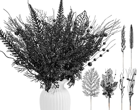 30 Pcs Artificial Christmas Tree Picks and Sprays Glitter Berry Stem Branches Holly Floral Picks Twigs Christmas Tree Ornaments for DIY Xmas Wreath Vase Filler Decorations(Black)