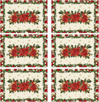 XCHI Christmas Poinsettias Leaves Bells Snowflakes Winter Xmas Placemats Set of 6 Table Mats for Party Home Kitchen Dining Table Decorations 12x18 Inch