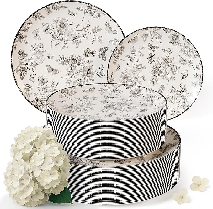 Trendables Plastic Plates For Party Supplies, Floral Disposable Plates For Party & Weddings 200 Pcs - 100 x 8 Dessert Plates & 100 x 10 Plastic Dinner Plates, Plate Set Disposable Dinnerware Sets