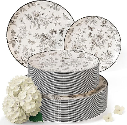 Trendables Plastic Plates For Party Supplies, Floral Disposable Plates For Party & Weddings 200 Pcs - 100 x 8 Dessert Plates & 100 x 10 Plastic Dinner Plates, Plate Set Disposable Dinnerware Sets