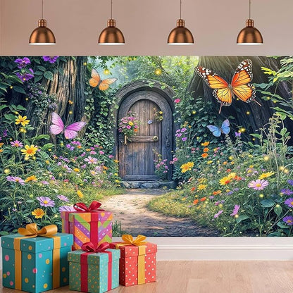 15X10ft Enchanted Forest Backdrop Fairy Enchanted Wonderland Garden Wooden Door Floral Butterfly Photography Background for Kids Girls Baby Shower Birthday Party Decoration Banner Booth Props