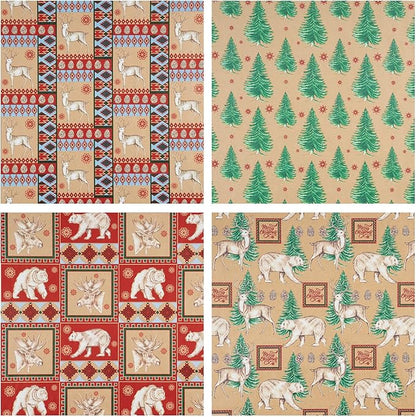 RUSPEPA Christmas Kraft Wrapping Paper - Polar Bear, Reindeer and Christmas Tree Design - 4 Rolls - 30 inches x 10 feet per Roll