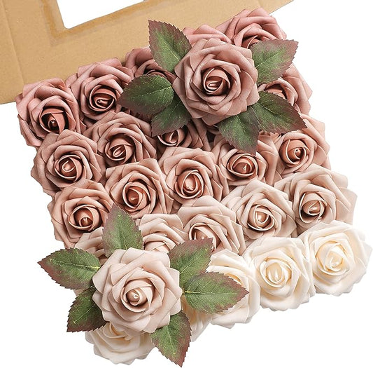 Artificial Roses Flowers 25pcs Morandi Peach Ombre Colors Foam Fake Roses with Stems for DIY Wedding Bouquets Bridal Shower Centerpieces Party Home Decorations