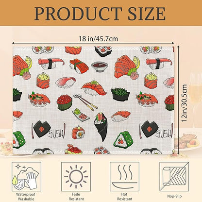 Japaness Sushi Cute Placemats Set of 6 Washable Table Mats for Kitchen Dining Table,Heat-Resistant Place Mats for Indoor Outdoor Party Holiday Decoration
