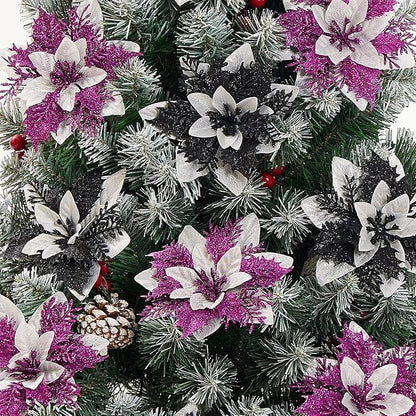 15Pcs Christmas Poinsettia Artificial Flowers Decorations, Glitter Poinsettia Christmas Tree Ornaments, Black Tree Flowers for Xmas/Wedding/Holiday/Wreath/Garland Decor, with Cilps, 5.5 Inch