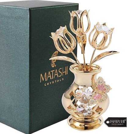 Matashi 24K Gold Plated Crystal Studded Flower Ornament in a Vase with Decorative Butterfly, Christmas, Mother's Day, Valentine's Gift, Tabletop Centerpiece (Clear Crystals)