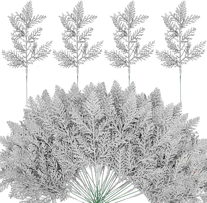 Watayo 45 Pcs Glitter Artificial Pine Needles- 10.6" Fake Foliage Pine Stems Picks- Silver Leaves Artificial Flowers Picks for Christmas DIY Garland Wreath Home Garden Decoration