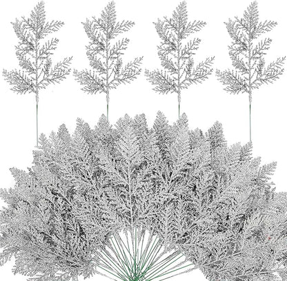 Watayo 45 Pcs Glitter Artificial Pine Needles- 10.6" Fake Foliage Pine Stems Picks- Silver Leaves Artificial Flowers Picks for Christmas DIY Garland Wreath Home Garden Decoration