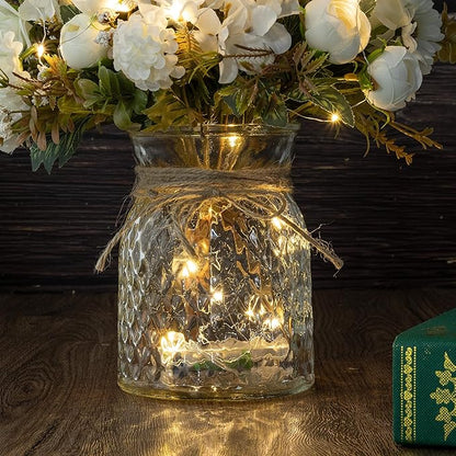 Aitificial LED White Rose Flowers with Glass Vase, Flower Arrangement for Table Centerpiece, Home Office Wedding Decoration