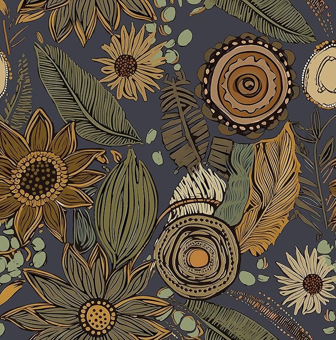 Boho Wallpaper Peel and Stick, Vintage Blue Yellow Floral Contact Paper 17.5" x 393", Botanical Flowers Antique Retro Absract Wall Paper Self Adhesive Removable Waterproof for Shelves Cabinet Table