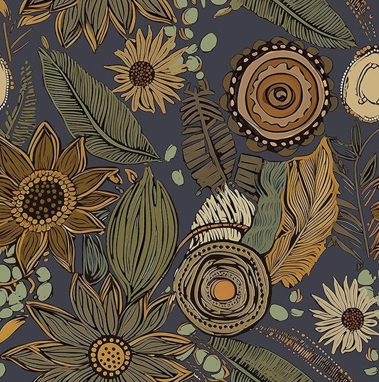 Boho Wallpaper Peel and Stick, Vintage Blue Yellow Floral Contact Paper, Botanical Flowers Antique Retro Wall Paper 17.5" x 118" Self Adhesive Removable Waterproof for Walls Shelves Cabinet Table