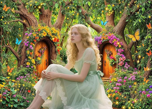 15X10ft Enchanted Forest Backdrop Fairy Tale Green Garden Wonderland Tree House Floral Butterfly Background for Kids Girl Baby Shower Birthday Party Decoration Banner Cake Table Photo Booth Props