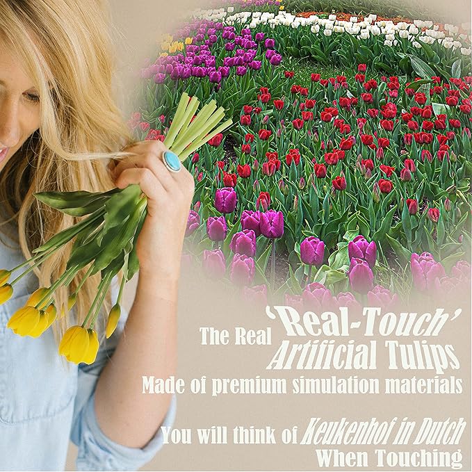20pcs Artificial Tulip Flowers,16 Inch Real Touch Tulip Stems with Faux Leaves, Faux Tulips and Buds for Home Décor Centerpiece Ornament Wedding Bouquet,Yellow