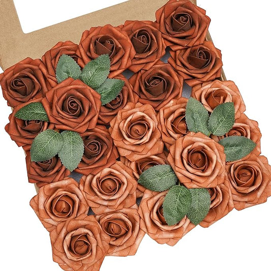 Artificial Flowers, 100pcs Artificial Rose for DIY Wedding Bouquets Centerpieces Arrangements, Shades of Terracotta Foam Roses with Stem for Bridal Shower Party Home Decorations