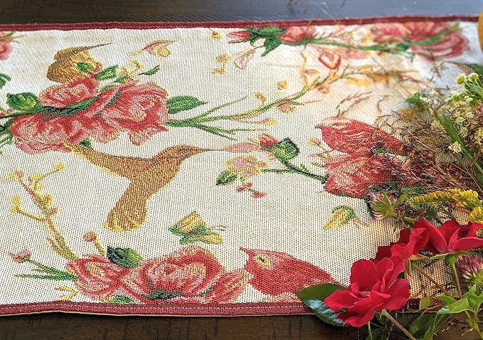 Tache Floral Red Roses Birds Ivory Woven Table Runner - Vintage Tapestry Kitchen Dining Dinner Linens Cloth - 13 x 54 inches