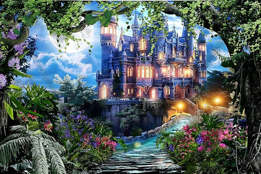 12x8ft Spring Fantasy Castle Palace Backdrop Vinyl Fairy Tale Prince Princess Flower Forest Wonderland Castle Photography Background Girl Home Decor Birthday Party Portrait Photo Props