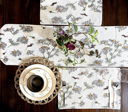 Tache Ivory Floral Table Runner Yellow Daisies Ladybugs Woven - Long Vintage Tapestry Kitchen Dining Dinner Linens Cloth - 13 x 90 inches