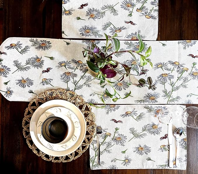 Tache Botanical Grey White Yellow Floral Daisy Flower Long Tapestry Seasonal Kitchen Dining Table Runners 13 x 120 Daisies