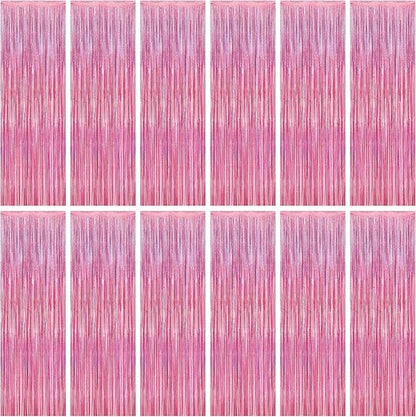 12 Pack Pink Backdrop, 3.28 FT x 7.05 FT Foil Streamers, Metallic Glitter Backdrop Pink Tinsel Fringe Curtains Party Streamers, Pink Birthday Party Decorations Photo Booth Props