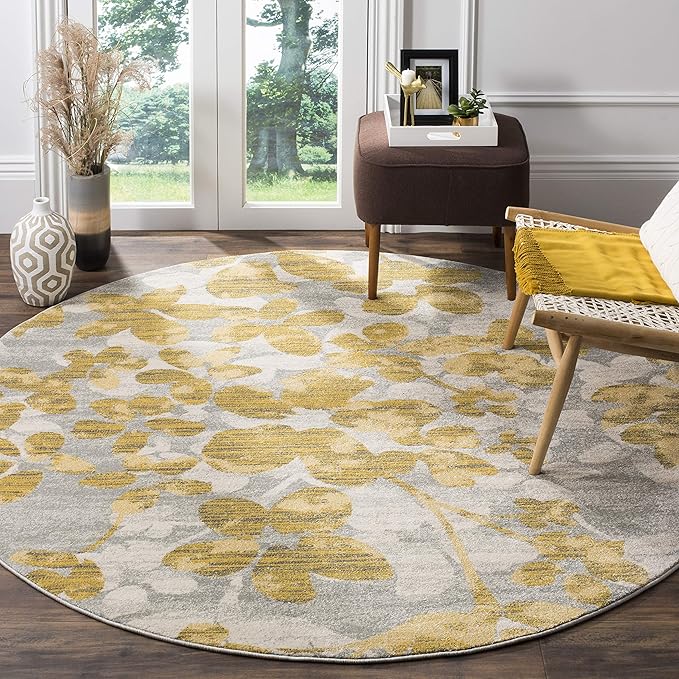 SAFAVIEH Evoke Collection Area Rug - 6'7" Round, Grey & Gold, Floral Design, Non-Shedding & Easy Care, Ideal for High Traffic Areas in Living Room, Bedroom (EVK236P)