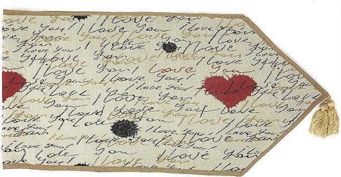 Tache Romantic Cursive Handwritten Love Letter Valentine Hearts Beige Table Runner - Vintage Farmhouse Woven Tapestry Kitchen Dining Dinner Linen Napery Cloth - 13 x 72 inches