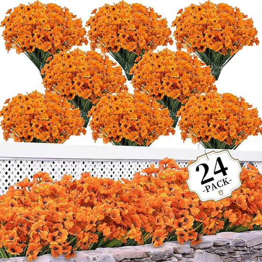24 Bundles Artificial Mums for Outdoors/Indoors Faux Mums for Outdoor Planters, Fall Flowers Artificial for Decoration Garden Porch Window Box Home Wedding Farmhouse