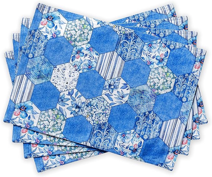 Maison d' Hermine Placemats Set of 4 100% Cotton Washable Cloth Place Mats, Reusable Table Mats for Kitchen Dining Decoration, Party, Wedding, Restaurant Spring/Summer (Summer Blues, 13" x 19")