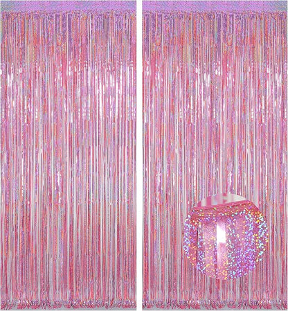 Melsan Pink Tinsel Curtains Backdrop, 3.2 ft x 8.2 ft Sparkle Metallic Foil Curtains for Princess Birthday Party Photo Background Decoration, 2 Pack