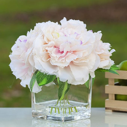 ENOVA HOME Silk Peony Flowers Arrangements in Cube Glass Vase with Faux Water for Home Table Wedding Centerpiece Decoration (Peach)